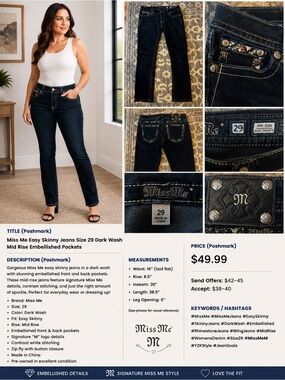 Miss Me Easy Skinny Jeans Size 29 Dark Wash Mid Rise Embellished Bling Pocket